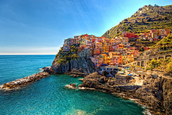 górska wioska, Włochy, Cinque Terre, Manarola, miasto, morze, budynek, HDR, Tapety HD