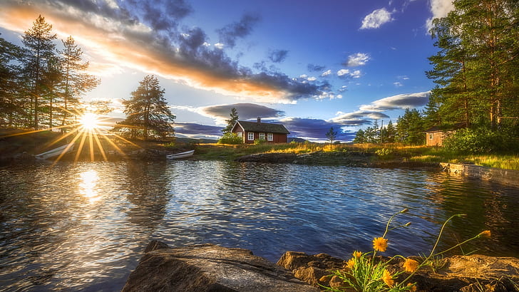 alam, rumah, sinar matahari, danau, fajar, kabin kayu, pagi, matahari terbit, sinar matahari, lanskap, ringerike, norwegia, Wallpaper HD