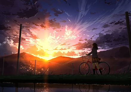 anime girl, bicycle, sunset, scenic, school uniform, mountain, clouds, Anime, HD wallpaper HD wallpaper