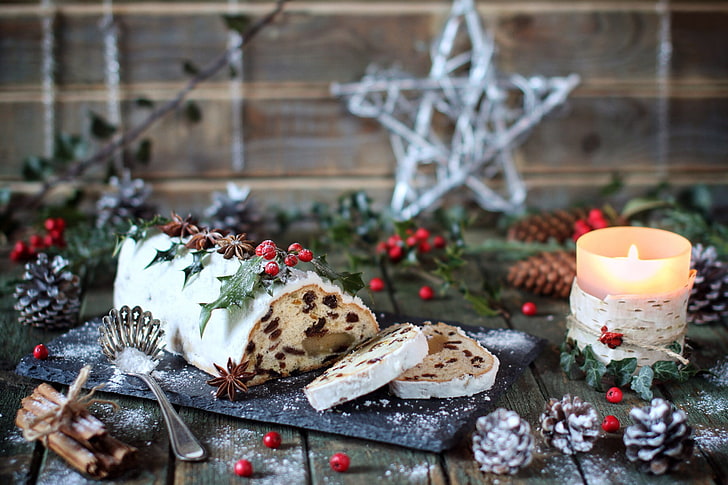 ケーキロール、冬、食品、キャンドル、新年、クリスマス、風景、シナモン、バンプ、マフィン、デザート、ケーキ、休日、甘い、カップケーキ、スパイス、ホリー、 HDデスクトップの壁紙