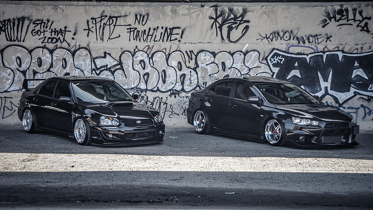 schwarzes auto, auto, graffiti, wand, autos, schwarze autos, HD-Hintergrundbild
