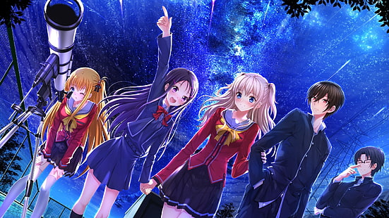 Otosaka Ayumi, Charlotte (anime), Tomonori Nao, Nishimori Yusa, kız öğrenci, okul forması, teleskop, anime kızlar, etek, twintails, Swordsouls, HD masaüstü duvar kağıdı HD wallpaper