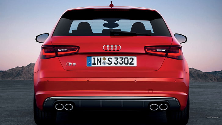 Audi S3, Diffusoren, Auspuffrohre, Deutsche Autos, Schrägheck, Rückansicht, rot, Heckleuchten, HD-Hintergrundbild