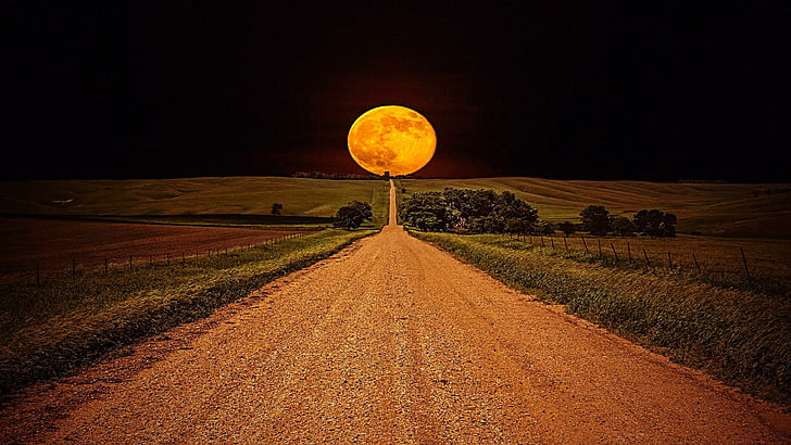 road, moon, full moon, field, way, night sky, night, HD wallpaper