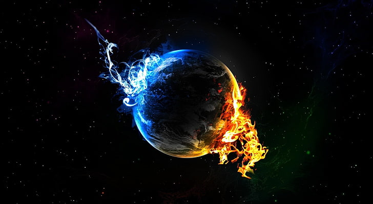 Lód kontra ogień, żywioły, ogień, planeta, ziemia, Tapety HD