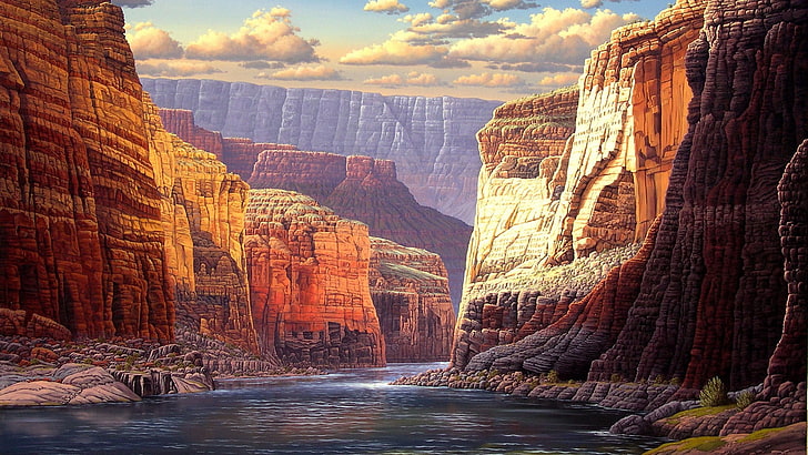formación de roca marrón, naturaleza, paisaje, arte digital, montañas, nubes, cañón, valle, río, luz solar, roca, piedras, Fondo de pantalla HD