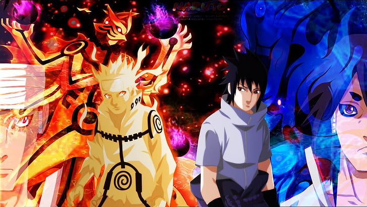 Naruto, Asura Ōtsutsuki, czarne włosy, niebieskie włosy, Indra Ōtsutsuki, Kurama (Naruto), Naruto Uzumaki, Sage of Six Paths, Sasuke Uchiha, Sharingan (Naruto), Susanoo (Naruto), Tapety HD