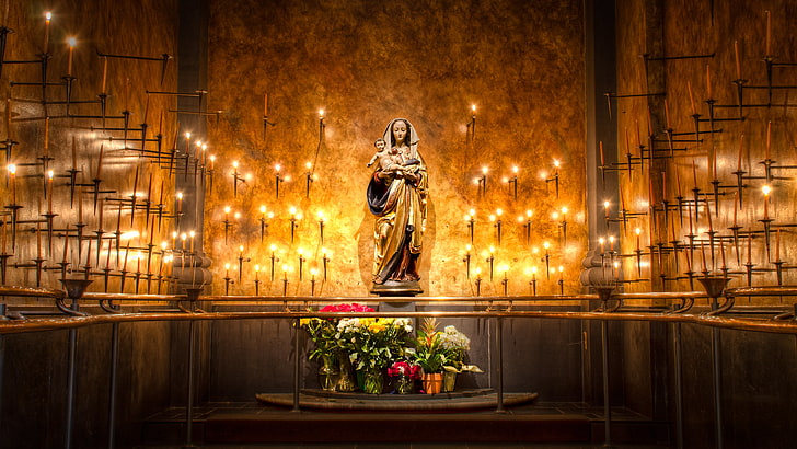 Mother Mary and Jesus Christ statue, flowers, candles, statue, The Virgin Mary, HD wallpaper
