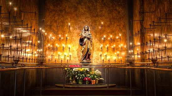 Mãe Maria e Jesus Cristo estátua, flores, velas, estátua, a Virgem Maria, HD papel de parede HD wallpaper