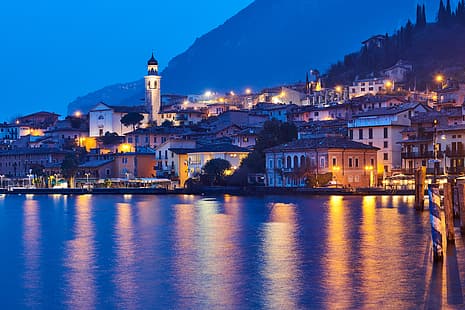 lago, edificio, casa, Italia, ciudad de noche, Lombardía, Lago de Garda, Limone Sul Garda, Garda, Fondo de pantalla HD HD wallpaper
