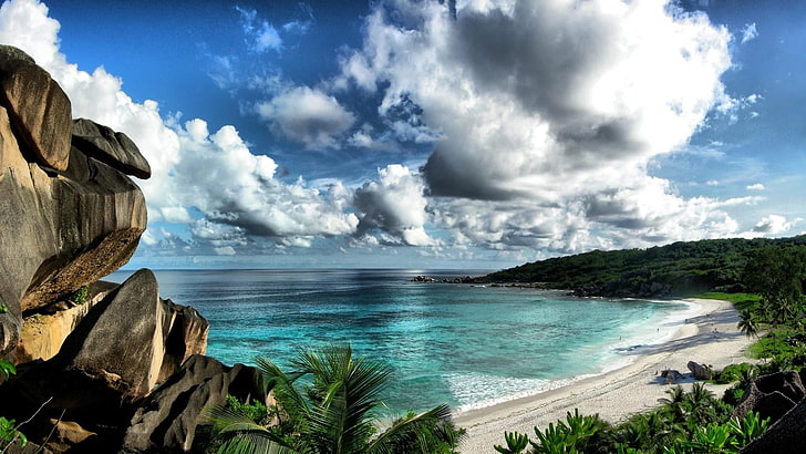 seychellen inseln, indischer ozean, strand, exotisch, sommerzeit, urlaub, himmel, wolke, bucht, ufer, blaues wasser, insel, seychellen, steine, HD-Hintergrundbild