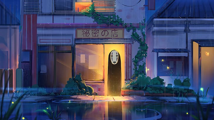 Kaonashi, Spirited Away, Lichteffekte, Reflexion, Regen, HD-Hintergrundbild