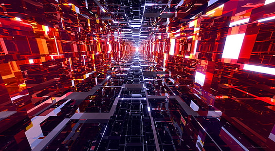 Black and Red Mirrored Tunnel, red cubes illustration, Artistic, 3D, digital, abstract, squares, 1920x1080, desktop, red, digital art, blender, tunnel, cgi, black, futuristic, future, HD wallpaper HD wallpaper