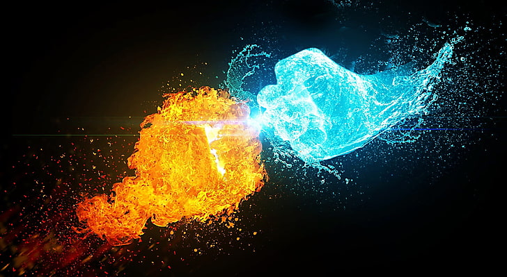 Fire vs Ice, blue and yellow fire fists illustration, Elements, Fire, HD wallpaper