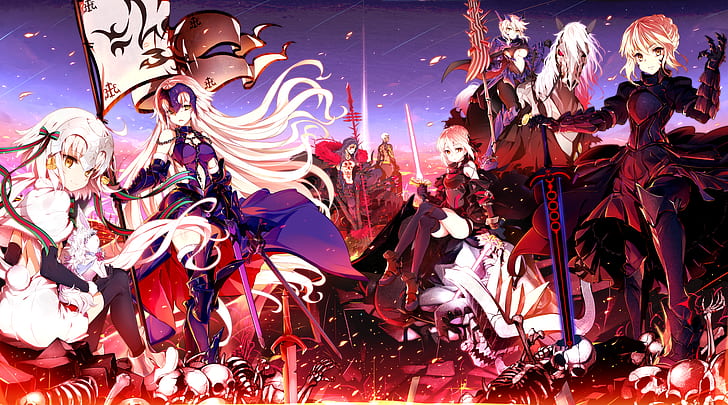 Fate Series, Fate / Grand Order, Fate / Stay Night, Artoria Pendragon, Artoria Pendragon (Lancer), Jeanne (Alter) (Fate / Grand Order), Jeanne d'Arc, Shirou Emiya, Mysterious Heroine X (Fate / Grand Order), chicas anime, anime, arte de fantasía, Fondo de pantalla HD