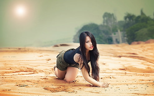 women's black tank top, Asian, women, brunette, shorts, women outdoors, sand, HD wallpaper HD wallpaper