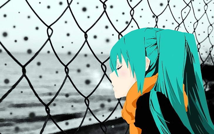 Illustrazione di Hatsune Miku, ragazza, tristezza, sciarpa, recinzione, sguardo, Sfondo HD