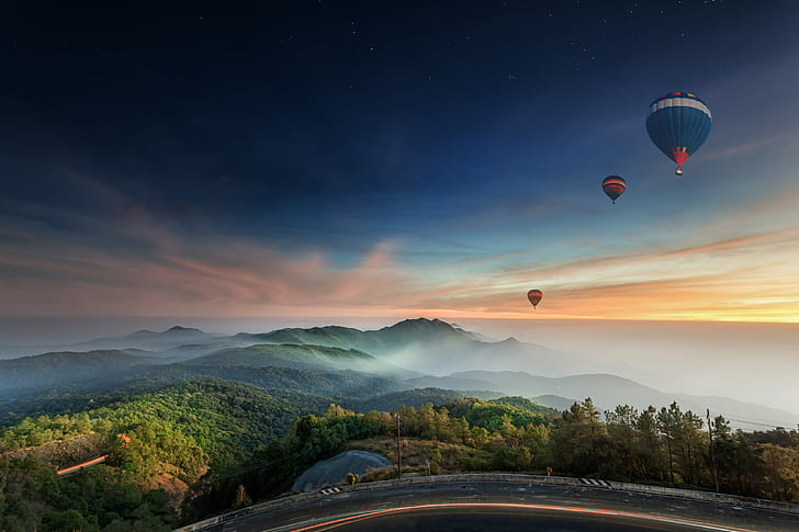 Balloons Evening, three hot air balloons over green trees, road, hills, balloons, evening, HD wallpaper