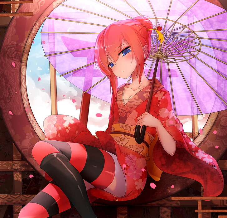 pink-haired female anime character illustration, Gintama, Kagura, short hair, blue eyes, kimono, Japanese umbrella, thigh-highs, flower petals, anime girls, anime, HD wallpaper