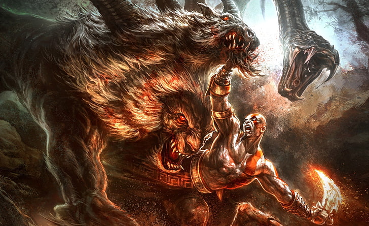 God of War III Art, монстр и мужской персонаж HD wallpaper, Игры, God Of War, HD обои
