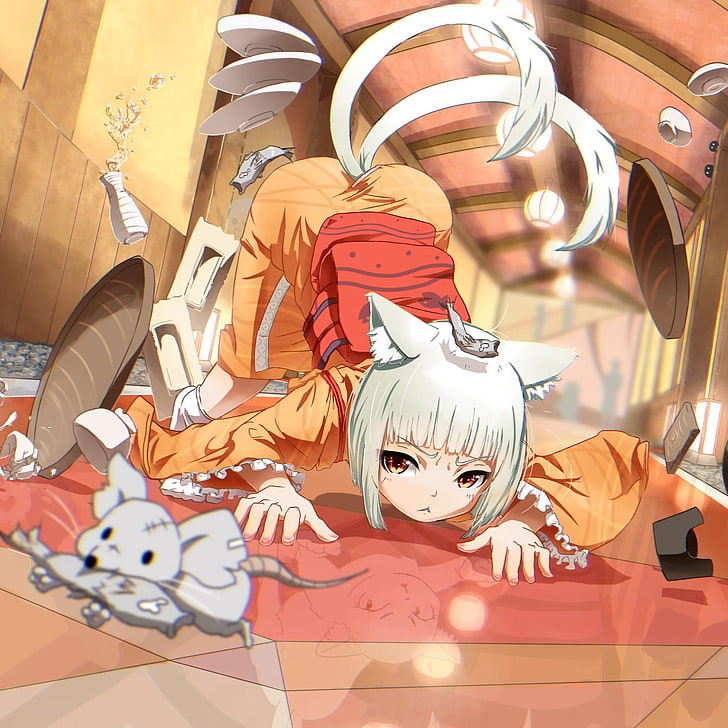 ilustrasi gadis berambut putih, gadis kucing, gadis anime, telinga kucing, anime, tikus, Wallpaper HD