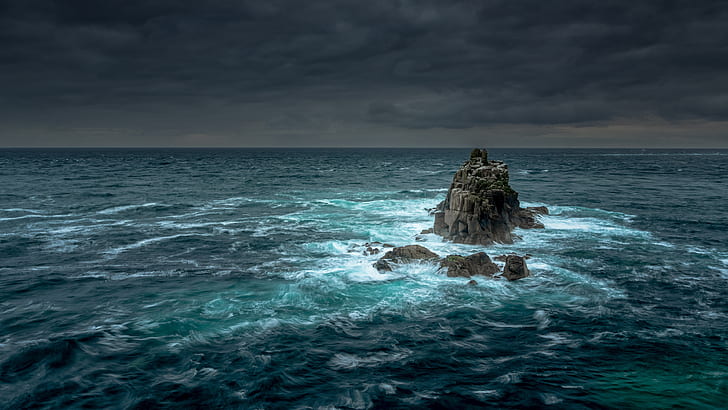 mar, océano, cuerpo de agua, horizonte, roca, islote, ola, Fondo de pantalla HD
