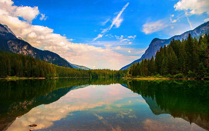 природа, пейзаж, езеро, отражение, планини, облаци, гора, Италия, вода, лято, дървета, спокойствие, HD тапет