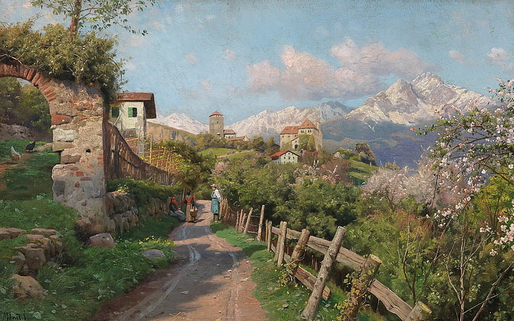 Pintor dinamarquês, 1913, Peter Merk Of Menstad, Peder Mørk Mønsted, pintor realista dinamarquês, Paisagem de primavera em uma vila no Tirol, Paisagem de primavera na vila no Tirol, HD papel de parede