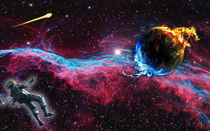 astronauta unoszący się w pobliżu cyfrowej tapety planety, kosmos, Tapety HD