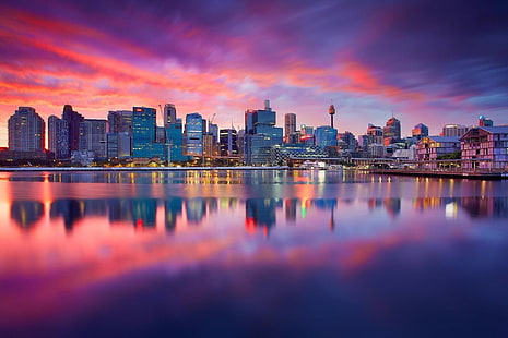 مدن ، سيدني ، أستراليا ، مدينة ، صنع الإنسان ، انعكاس ، السماء ، غروب الشمس ، ميناء سيدني، خلفية HD HD wallpaper