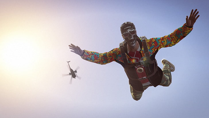 men's multicolored long-sleeved collared shirt, Grand Theft Auto V, Grand Theft Auto, Grand Theft Auto Online, helicopters, parachutes, Rockstar Games, Freefall, HD wallpaper