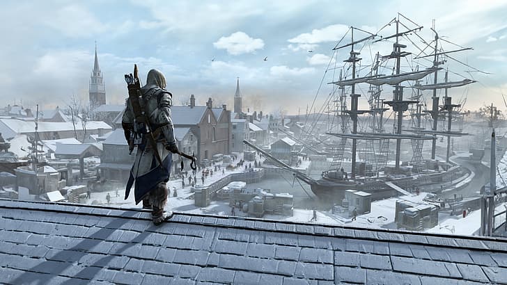 Photoshop Generative Fill, Assassin's Creed, winter, video games, Assassin's Creed III, Connor Kenway, HD wallpaper