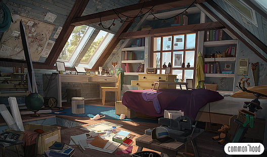 Anime, oryginał, łóżko, biurko, wnętrze, pokój, okno, Tapety HD HD wallpaper