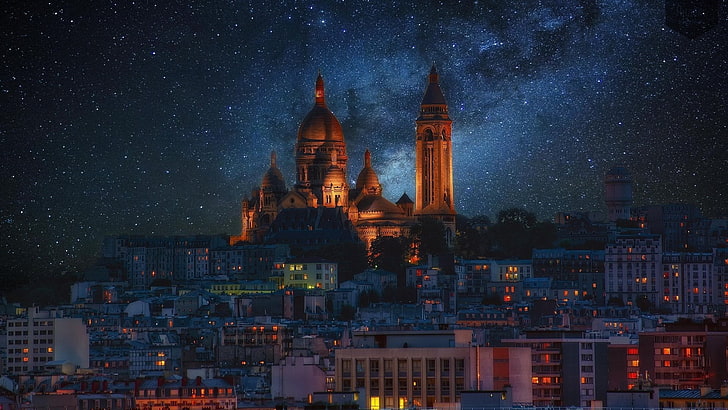Stadtgebäude, Basiliken, Sacré-Cœur, Basilika, Stadtansicht, Frankreich, Denkmal, Nacht, Paris, Sterne, HD-Hintergrundbild