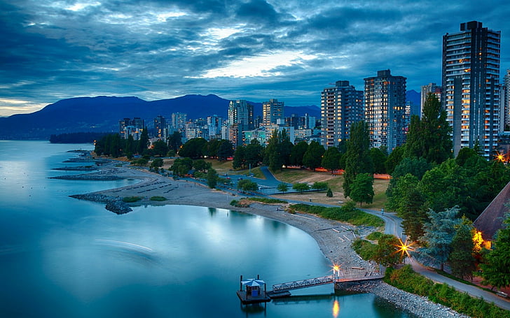 Cities, Vancouver, Building, City, Cityscape, Dusk, Lake, Man Made, Skyscraper, Wharf, HD wallpaper