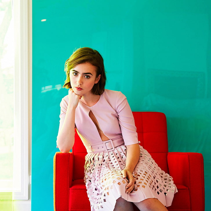 women's pink long-sleeved top and pink sheer skirt, photoshoot, Lily Collins, Yahoo Style, HD wallpaper