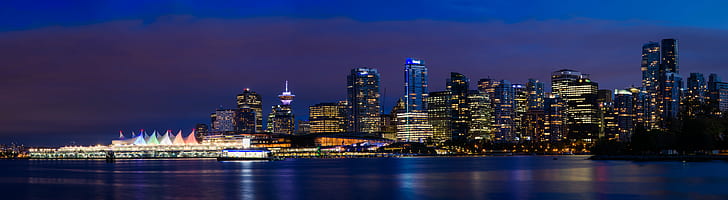 panoramic photography of city buildings during night time, Vancity, Panorama, panoramic photography, city, night time, Vancouver, Stanley  Park, Skyline, Canada Place, Convention Centre, Sails, Colour, Reflections, Buildings, Blue Hour, British Columbia, BC, Harbour, Wide Angle, Long Exposure, Cityscape, City Lights, Scene, Nikon  DSLR, D7000, Downtown, Tourism, Scenic, Serene, Architecture, Waterfront, Port, night, urban Skyline, skyscraper, downtown District, illuminated, urban Scene, dusk, famous Place, reflection, uSA, river, building Exterior, twilight, built Structure, HD wallpaper
