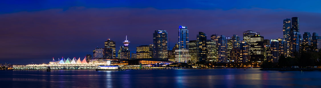 panoramic photography of city buildings during night time, Vancity, Panorama, panoramic photography, city, night time, Vancouver, Stanley  Park, Skyline, Canada Place, Convention Centre, Sails, Colour, Reflections, Buildings, Blue Hour, British Columbia, BC, Harbour, Wide Angle, Long Exposure, Cityscape, City Lights, Scene, Nikon  DSLR, D7000, Downtown, Tourism, Scenic, Serene, Architecture, Waterfront, Port, night, urban Skyline, skyscraper, downtown District, illuminated, urban Scene, dusk, famous Place, reflection, uSA, river, building Exterior, twilight, built Structure, HD wallpaper HD wallpaper