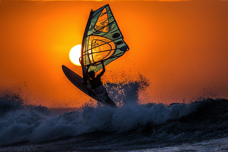 windsurfing, sea, sky, waves, sunset, HD wallpaper
