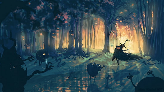 Berserk, Adventure Time, Black Swordsman, Guts, trees, swamp, Finn the Human, crossover, parody, fantasy armor, fantasy weapon, HD wallpaper HD wallpaper