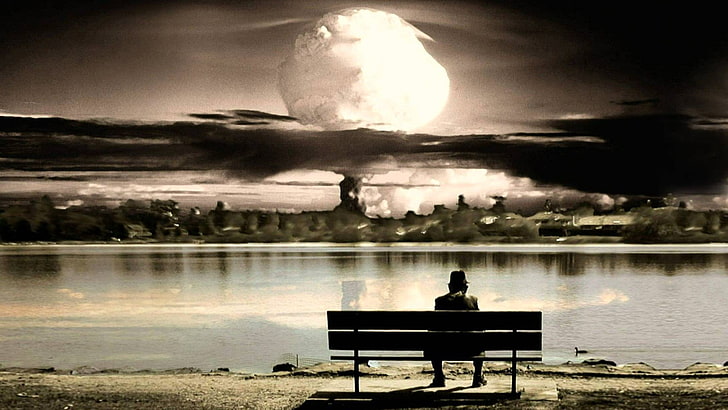 Mann sitzt auf der Bank beim Betrachten des Mondes Grafik Wallpaper, Hut, Bank, Explosion, apokalyptische, Atombombe, Kunstwerk, HD-Hintergrundbild