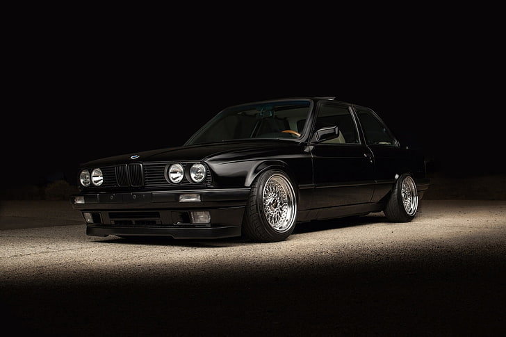 black BMW coupe, BMW, black, E30, stance, BBS rs, HD wallpaper