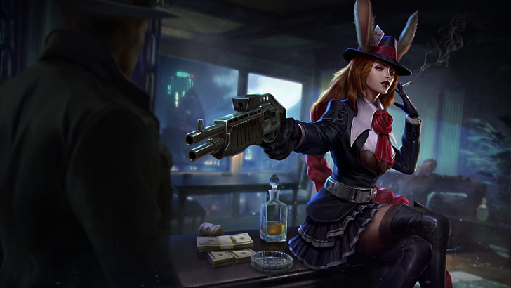 postać kobieca trzymająca pistolet, cyfrowa tapeta, Vainglory, Gwen, gangster, Gangster Gwen, iOS, Android (system operacyjny), gry wideo, gra CG, Tapety HD