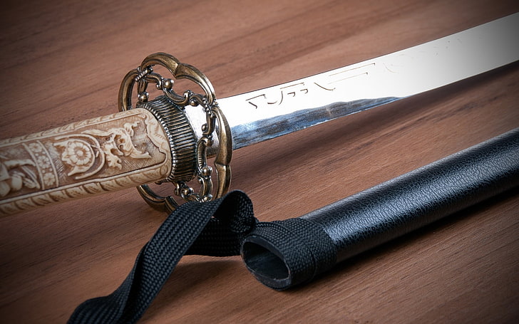 katana japanese sword-High Quality HD Wallpaper, brown and silver sword with black scabbard, HD wallpaper