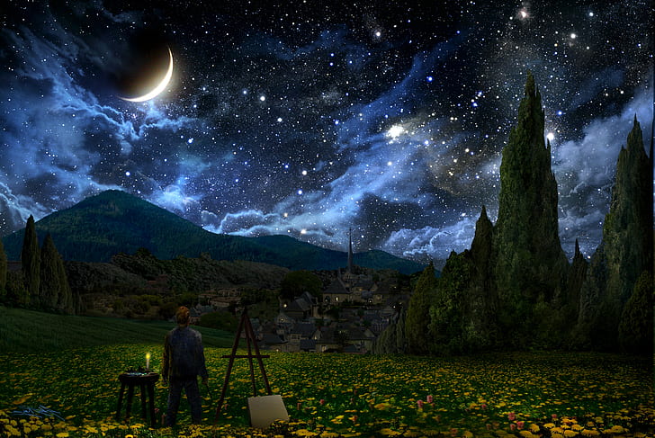 vincent van gogh la notte stellata pittori di luna crescente stelle stelle paesaggio, Sfondo HD