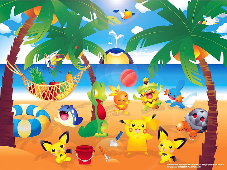Pokemon digitale Tapete, Pokémon, Beautifly (Pokémon), Ludicolo (Pokémon), Mudkip (Pokémon), Pelipper (Pokemon), Pichu (Pokémon), Pikachu, Spheal (Pokémon), Torchic (Pokemon), Torkoal (Pokémon), Treecko (Pokémon), Wailmer (Pokémon), Wingull (Pokémon), HD-Hintergrundbild