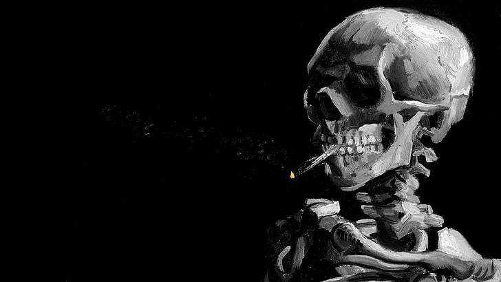 côtes, colonne vertébrale, fond noir, fumer, fumée, peinture, monochrome, dents, art numérique, cigarettes, crâne, os, Fond d'écran HD