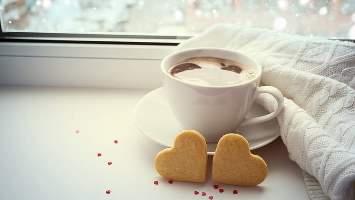 Бяла чаша кафе, две любовни сърца, бяла, чаша, кафе, две, любов, сърца, HD тапет