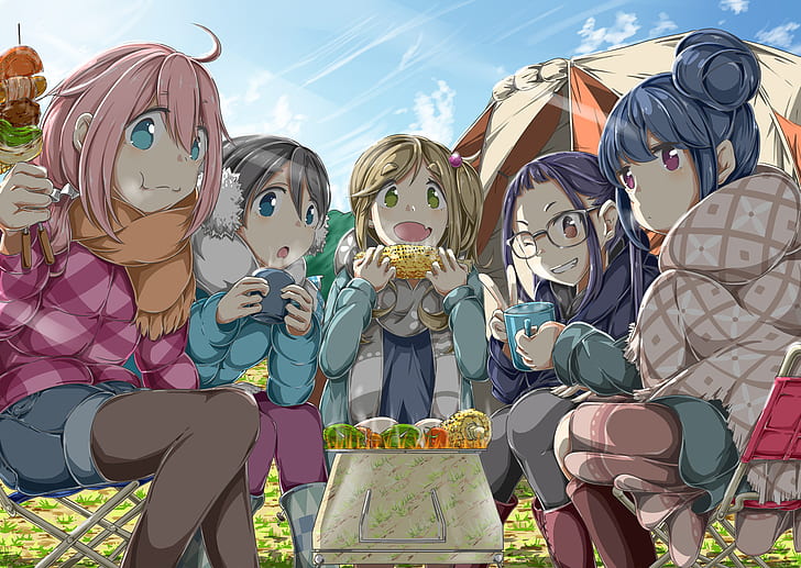 Yuru Camp, anime, garotas de anime comendo, garotas de anime, Rin Shima, Nadeshiko Kagamihara, Chiaki Oogaki, Aoi Inuyama, HD papel de parede