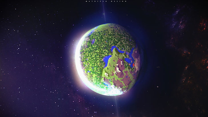 planet earth screenshot, planet, Minecraft, space, stars, glowing, dark, digital art, 3D, river, forest, snow, video games, HD wallpaper